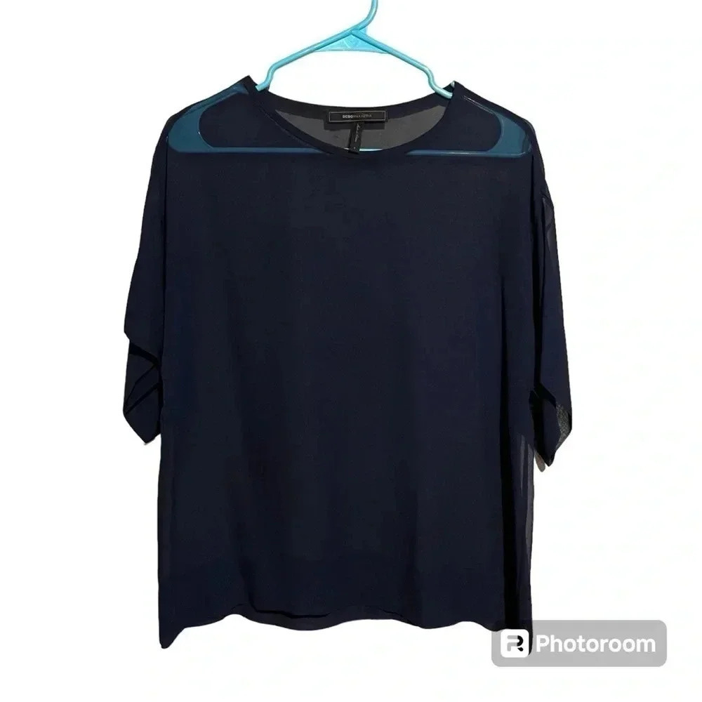 BCBG Navy Blue Sheer Shirt Blouse Women’s Size Small S
